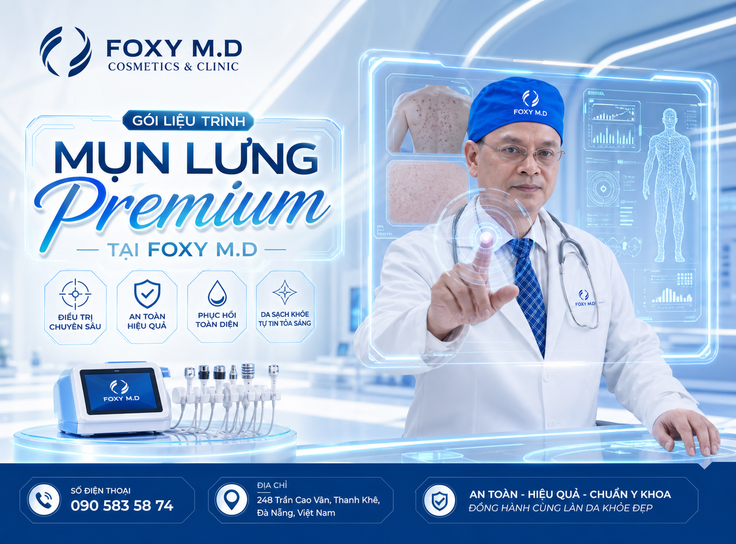 Gói Mụn Lưng Premium Đà Nẵng — Điều Trị Mụn Lưng Nặng Kết Hợp Laser Tại Foxy M.D Clinic