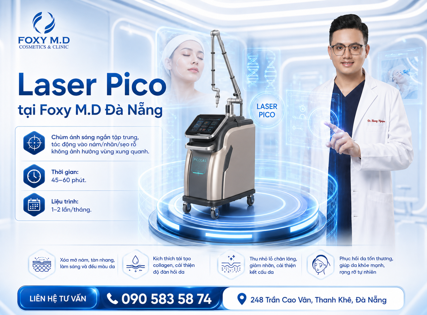 Laser Pico Đà Nẵng — Trị Nám, Xóa Đốm Nâu & Sẹo Rỗ Bằng Công Nghệ Picosecond Tại Foxy M.D Clinic