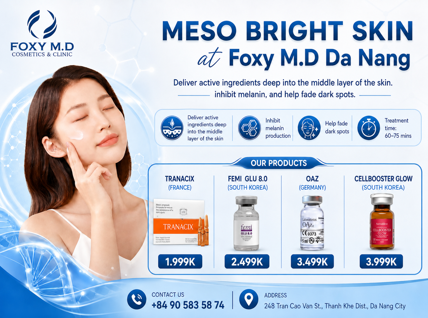 Skin Brightening Mesotherapy in Da Nang — Tranacix, Femi GLU, OAZ & Cellbooster Glow at Foxy M.D Clinic