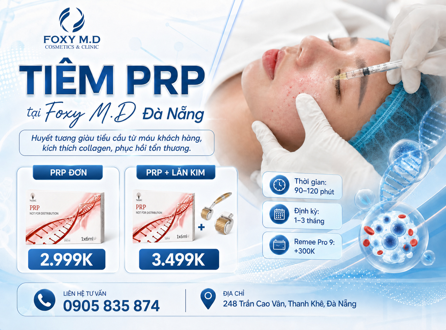 Tiêm PRP Đà Nẵng — Huyết Tương Giàu Tiểu Cầu Tái Tạo Da & Trị Rụng Tóc tại Foxy M.D Clinic
